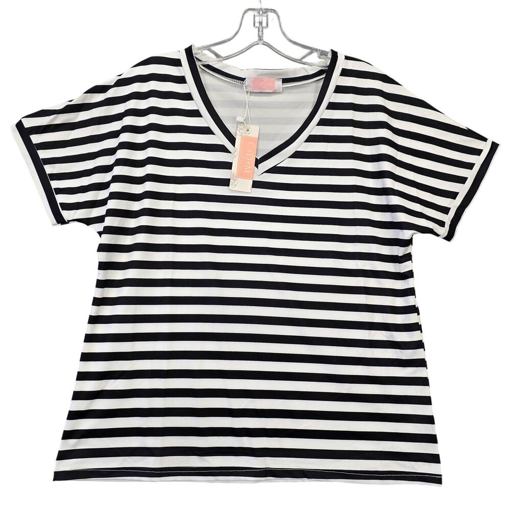 C+D+M Collection Black White Striped Shirt NEW Short Sleeves V-Neck Women Size L